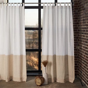 Set of 2 tab top linen curtain panels, Color block linen curtains, Semi-sheer linen curtains, Two color linen curtains, Handmade curtains
