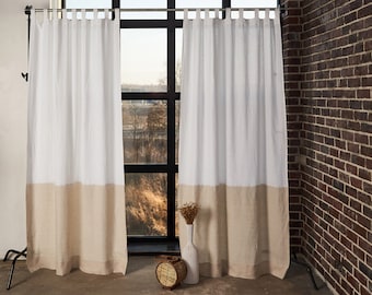 Set of 2 tab top linen curtain panels, Color block linen curtains, Semi-sheer linen curtains, Two color linen curtains, Handmade curtains