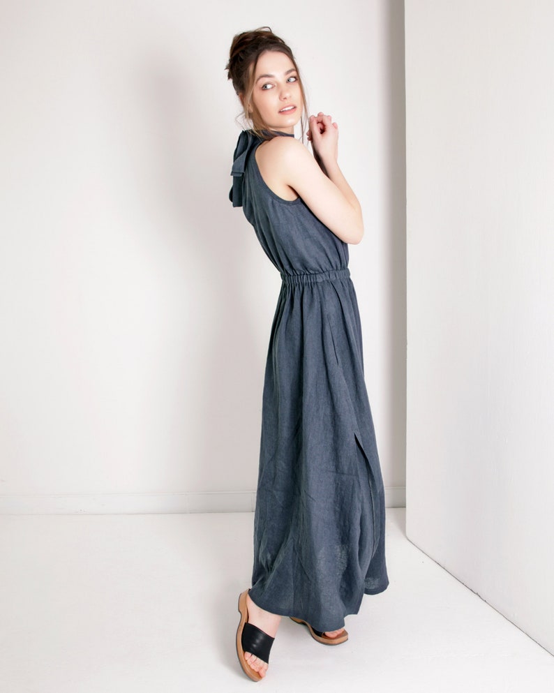 Maxi linen high neck dress ALICIA, Long linen dress with pockets, Elegant linen a line dress, Maxi bridesmaid dress, Occasion dress image 5