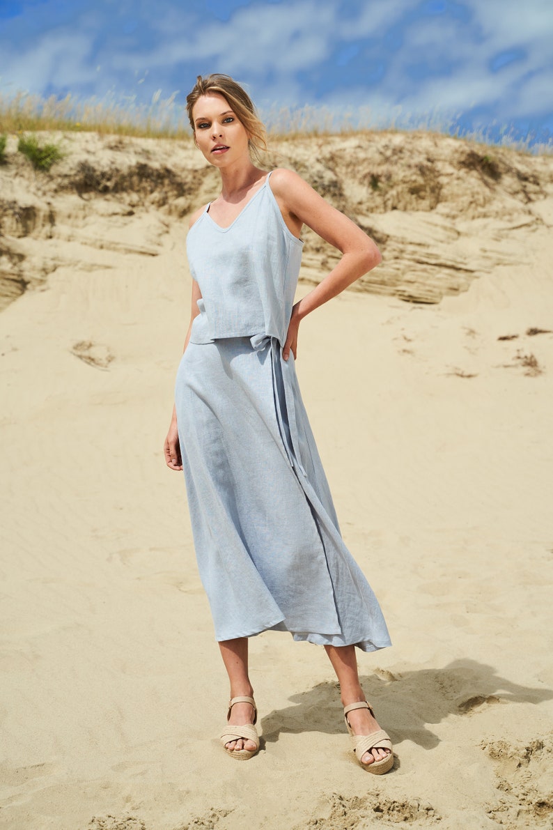 Linen wrap skirt FRIDA, Calf length linen skirt, A line wrap skirt, Bluish gray linen skirt, Long linen skirt for woman Bluish Gray