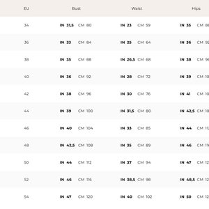 May include: Size chart for women's clothing with measurements in inches and centimeters. The chart shows US sizes 2 through 22, corresponding EU sizes, bust, waist, and hip measurements.