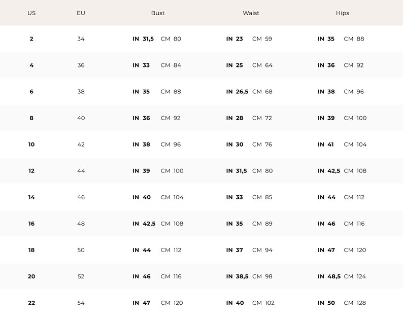 May include: Size chart for women's clothing with measurements in inches and centimeters. The chart shows US sizes 2 through 22, corresponding EU sizes, bust, waist, and hip measurements.