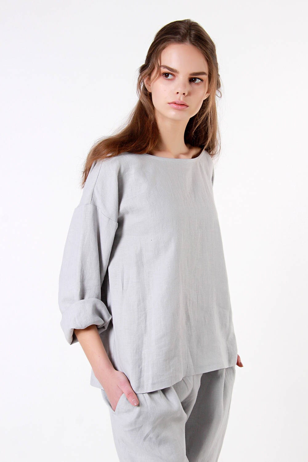 Grey Linen Top Linen Blouse with long sleeves Loose Linen Etsy