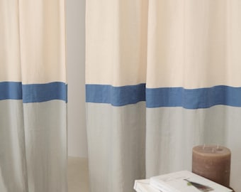 Set of 2 linen color block curtain panels, Multifunctional heading curtains, Custom color curtains,  3 color drapes, Rod pocket curtains
