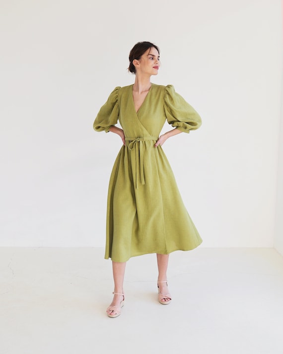 Puff sleeves wrap linen dress VERONA, Romantic dress, A line dress with Puff sleeves, Flowy linen summer dress, V neck dress for woman