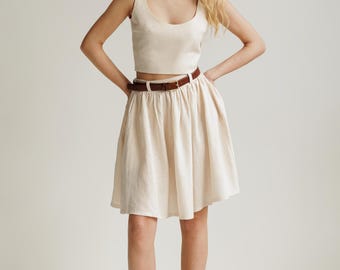 Sage Linen Midi Skirt SAGE: Ruffle Waist with Pockets & Belt