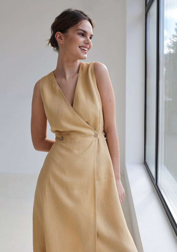 Linen Maxi Wrap Dress: Sleeveless Summer Dress Riviera, Handmade