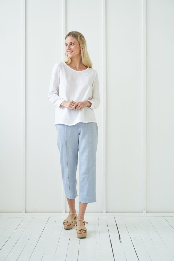Blue linen store cropped trousers