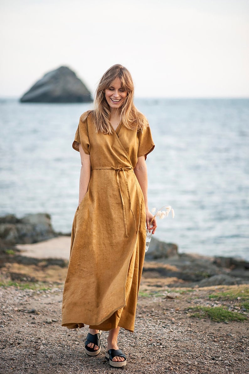 Maxi linen wrap dress DELILAH, Long linen dress, Mustard linen dress, Linen kimono dress with belt, Linen beach dress Mustard