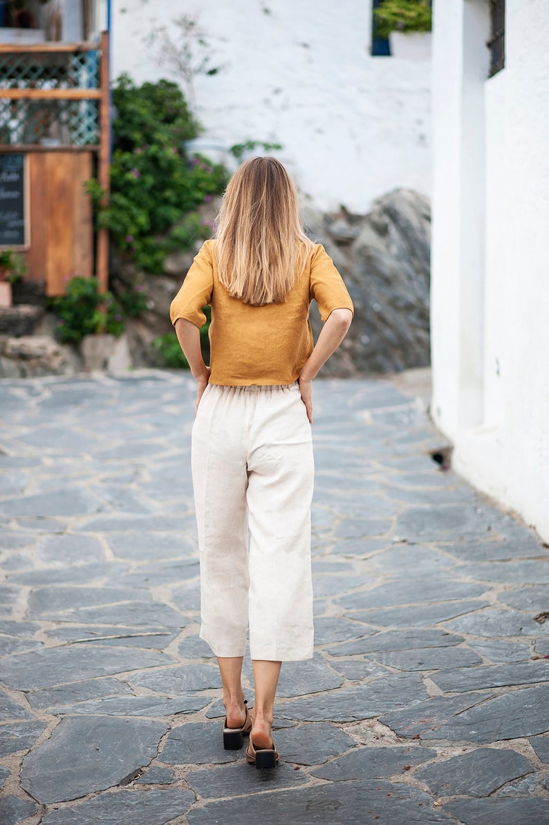 Double breasted linen blouse WILLA, Linen top short sleeves, Linen blouse, Linen crop top, Linen top with buttons, Linen top women image 8