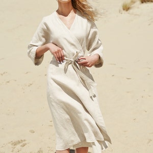 Long linen wrap dress THALIA, Below the knee length linen dress, Elbow sleeves linen dress in black, A line linen dress with kimono sleeves image 3