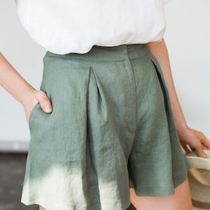 Linen shorts AGNES, Linen shorts for woman, Laundered linen shorts, Linen shorts skirt, Green moss linen shorts for woman, High waist shorts image 3