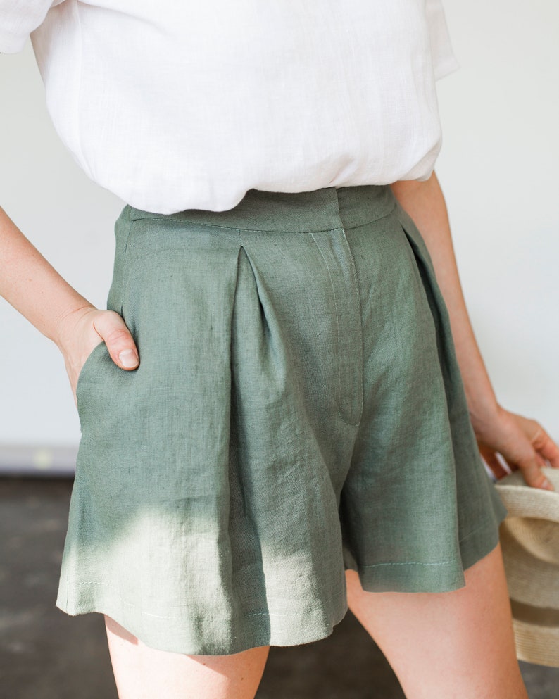 Linen shorts AGNES, Linen shorts for woman, Laundered linen shorts, Linen shorts skirt, Green moss linen shorts for woman, High waist shorts image 3