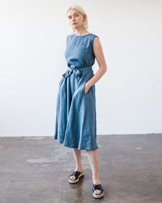 Buy Linen Dress CHLOE, Linen Maxi Dress With Belt, Long Linen Dress, Linen  Sleeveless Dress, Blue Linen Dress, Linen Dresses for Woman Online in India  - Etsy