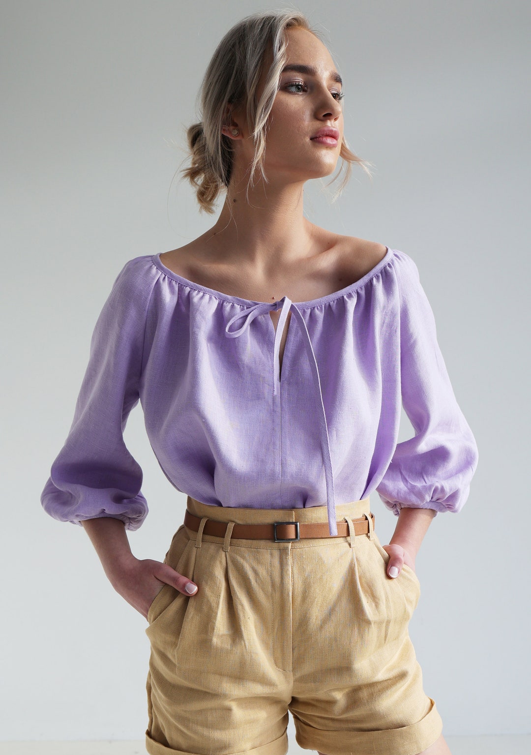 Scoop Neck Linen Top BLOOM, Elbow Sleeves Linen Top, Linen Blouse With ...