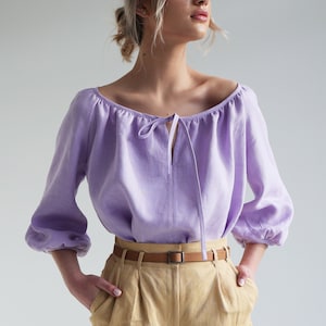 Scoop Neck Linen Top BLOOM, Elbow Sleeves Linen Top, Linen Blouse With ...