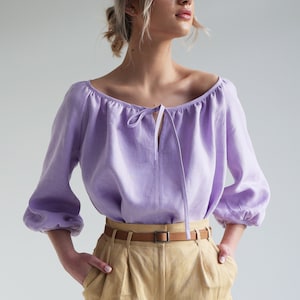 Scoop neck linen top BLOOM, Elbow sleeves linen top, Linen blouse with tie neck, Reglan sleeve linen top for woman