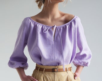 Scoop neck linen top BLOOM, Elbow sleeves linen top, Linen blouse with tie neck, Reglan sleeve linen top for woman