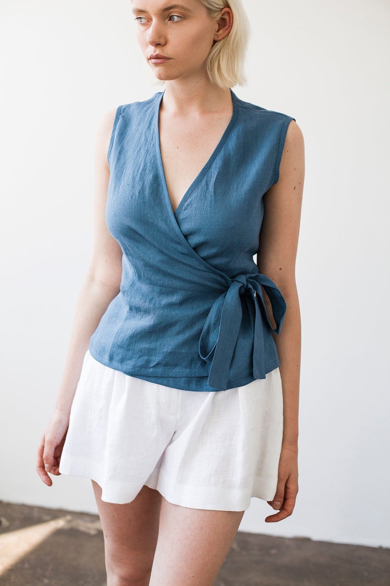 Linen top LYDIA, Linen wrap top, Classic blue linen top, Linen tops for woman, Linen wrap blouse, Linen tank top, Blue linen tank image 3