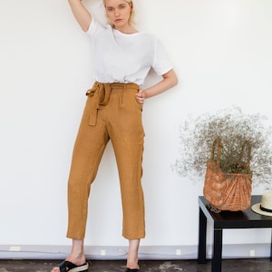 Linen pants with belt DAKOTA, Linen pants for woman, Laundered linen pants, Natural handmade linen trousers, Linen cigarette pant image 3