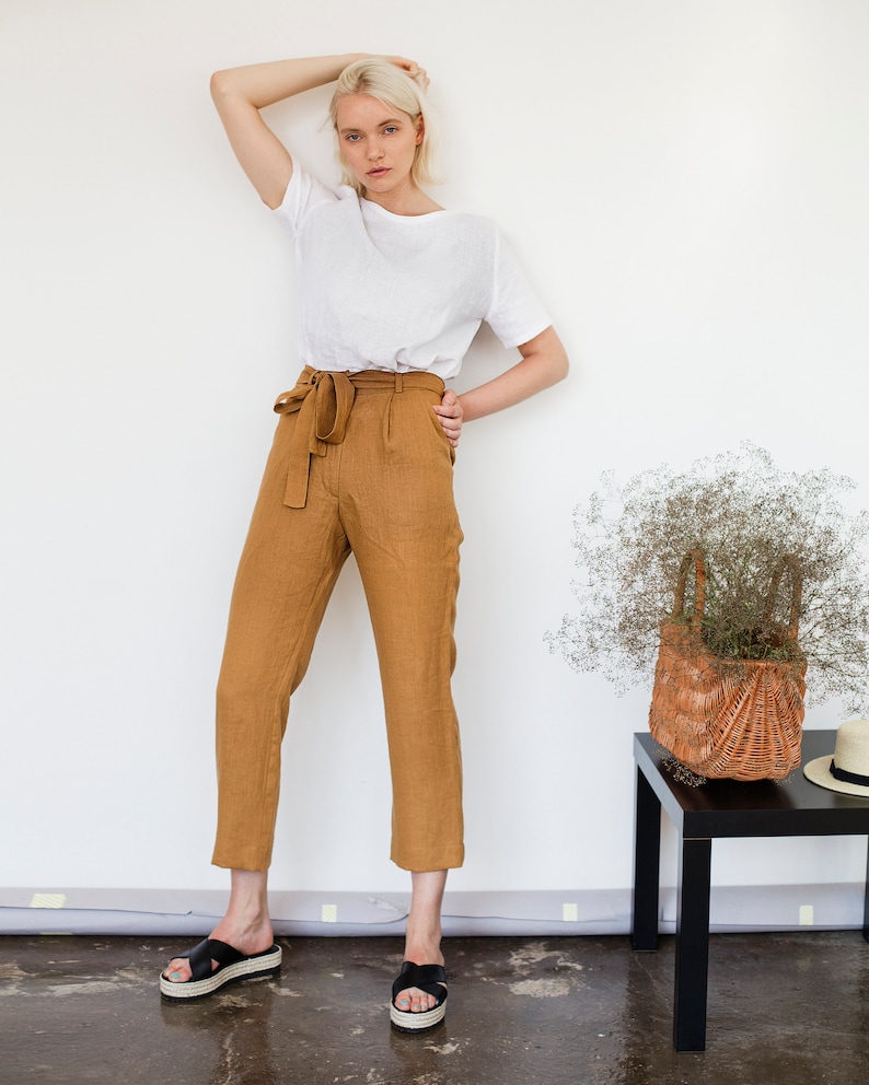 Linen pants with belt DAKOTA, Linen pants for woman, Laundered linen pants, Natural handmade linen trousers, Linen cigarette pant image 3