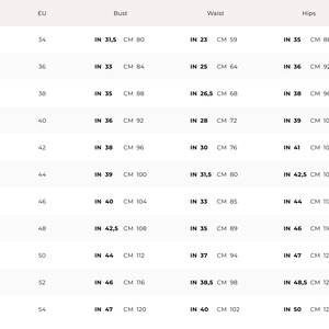 May include: A size chart for women's clothing with measurements in inches and centimeters. The chart shows US sizes 2 through 22, EU sizes 34 through 54, bust, waist, and hip measurements.