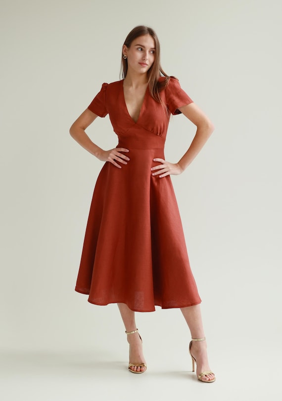 Linen Midi Dress: SICILY Fit & Flare V-Neck Summer Dress