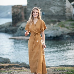 Maxi linen wrap dress DELILAH, Long linen dress, Mustard linen dress, Linen kimono dress with belt, Linen beach dress image 4