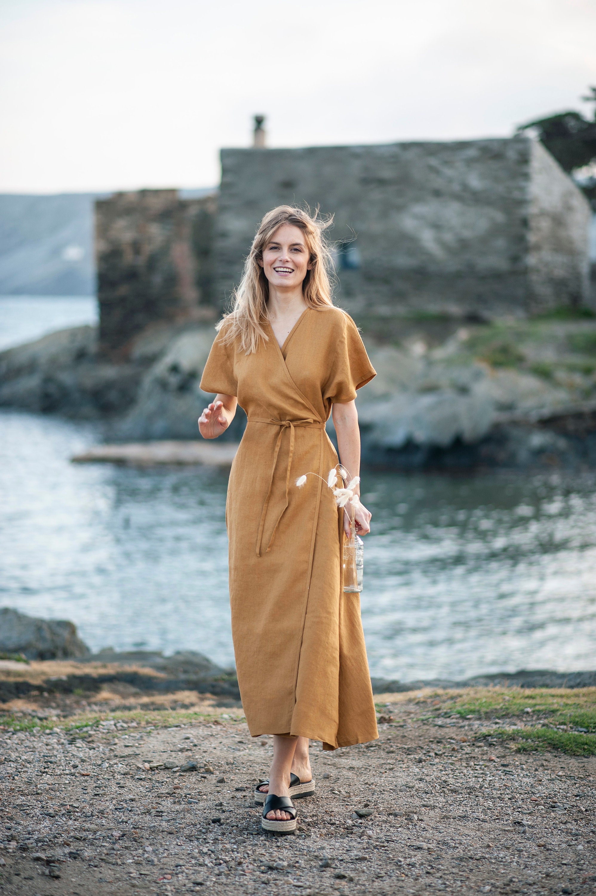 Maxi linen wrap dress DELILAH, Long linen dress, Mustard linen dress, linen kimono dress with belt, linen Beach dress