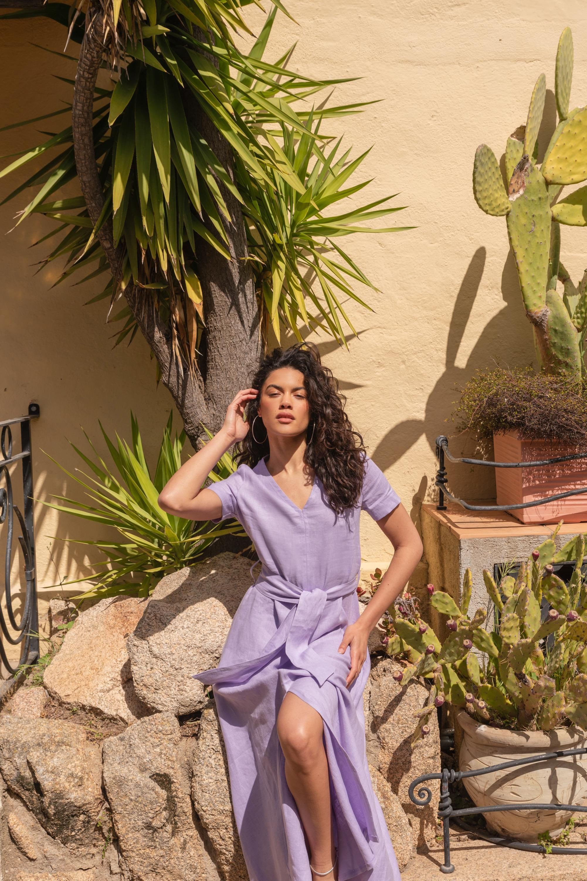 Linen V-neck dress VIVIEN, Long linen dress with wide belt and side pockets, A-line dress for woman, Calf length dress with front split