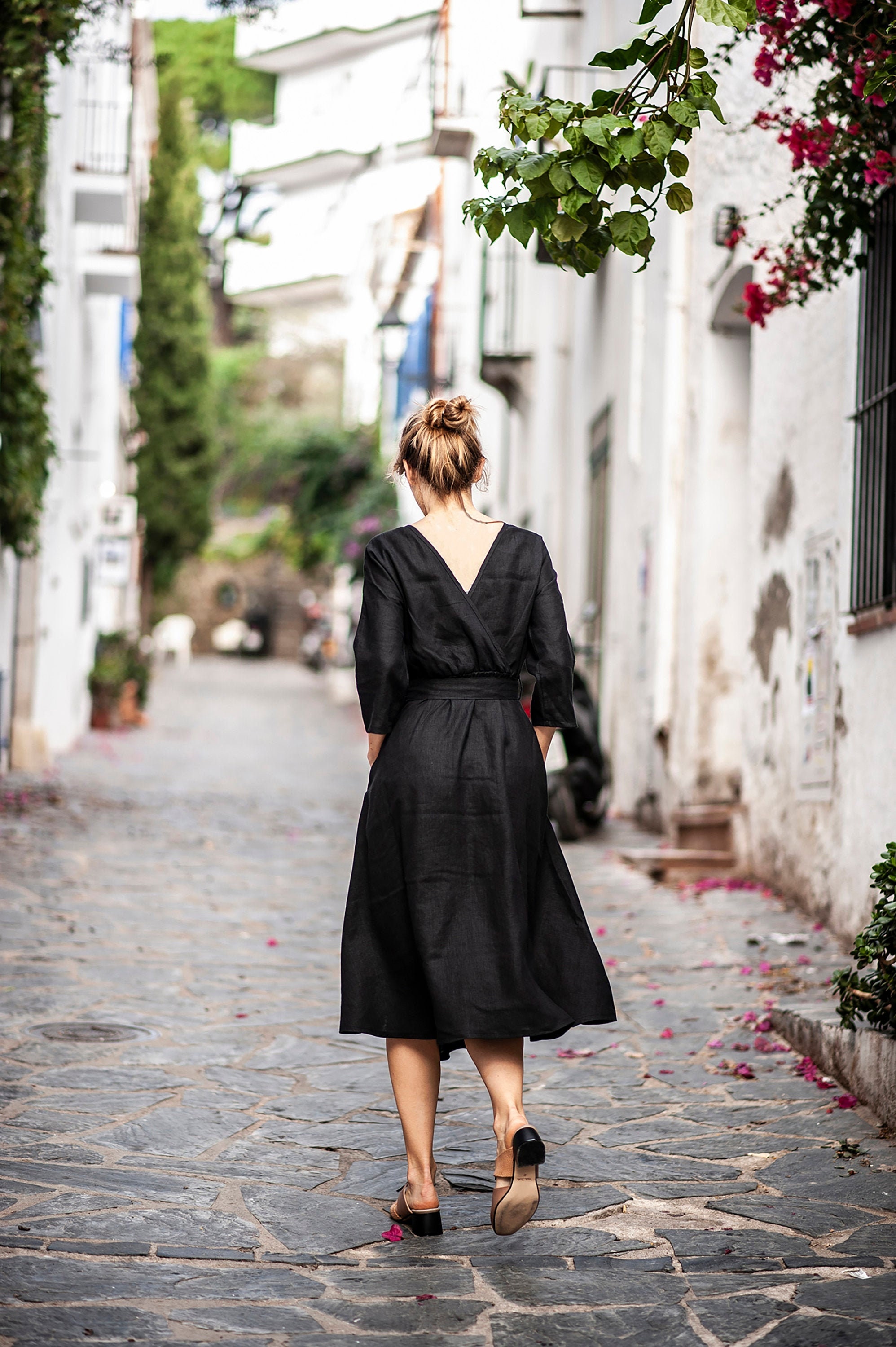 Wrap Back Linen Dress SCARLETT Calf Length Dress Black Linen - Etsy