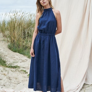 Maxi linen high neck dress ALICIA, Long linen dress with pockets, Elegant linen a line dress, Maxi bridesmaid dress, Occasion dress image 2