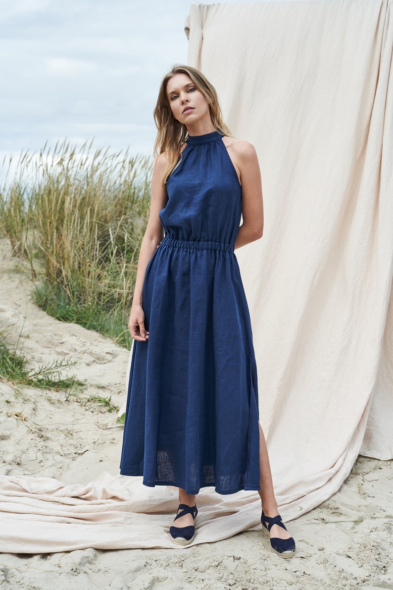 Maxi linen high neck dress ALICIA, Long linen dress with pockets, Elegant linen a line dress, Maxi bridesmaid dress, Occasion dress image 2