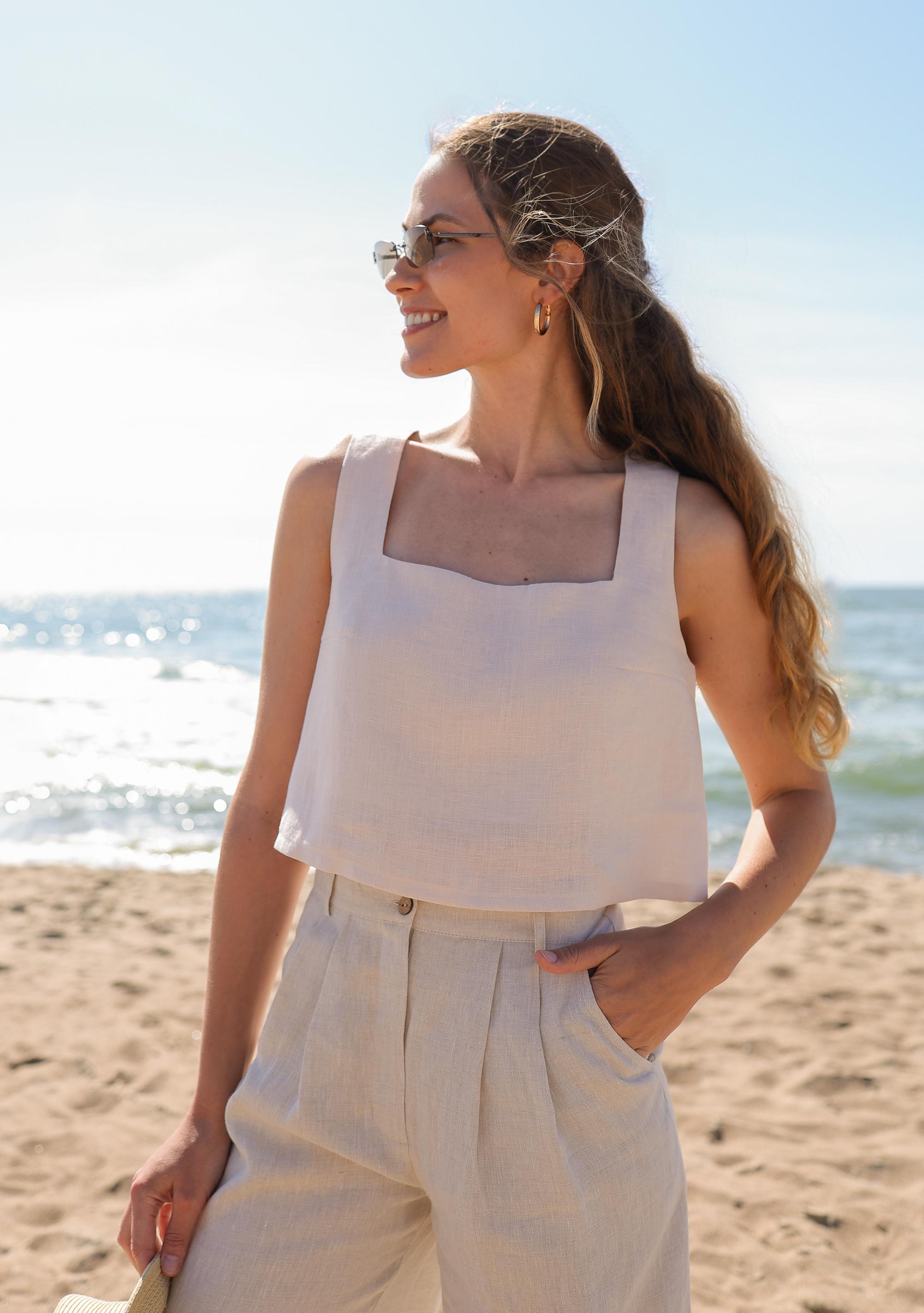 Linen Crop Top: Square Neck Sleeveless Blouse HEIDI, Washed
