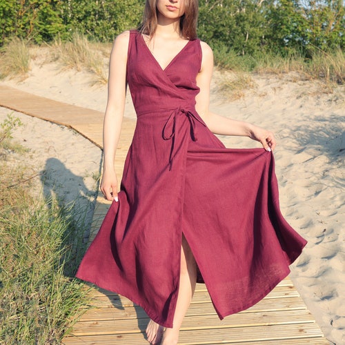 Linen Wrap Dress: Sleeveless Fit & Flare V-Neck Summer Dress Rosie