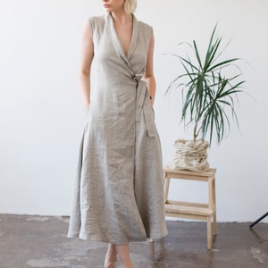 Wrap maxi dress SERENA, Linen wrap dress, Sleeveless linen dress image 3