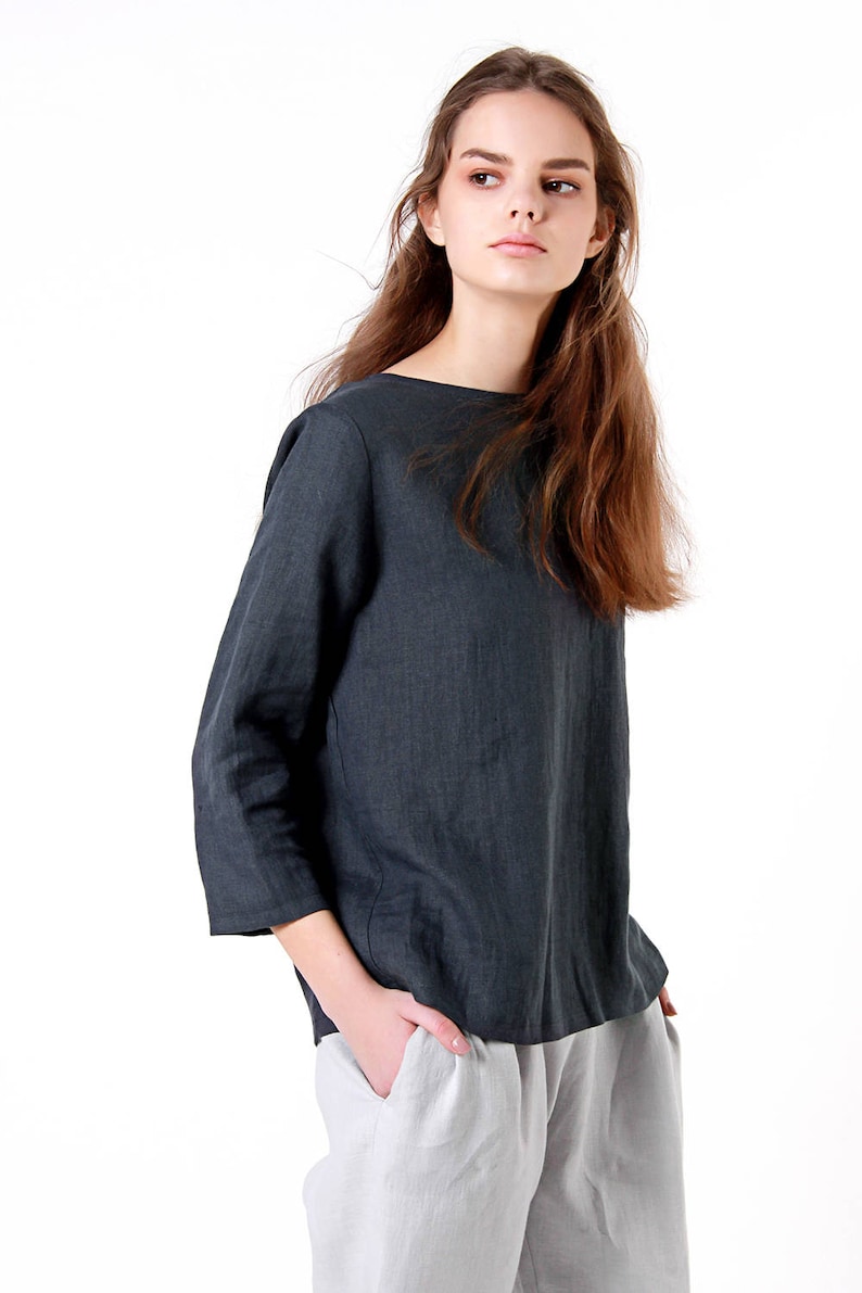 Elbow sleeves linen top ARIA, Casual linen top for woman, Simple linen blouse image 3