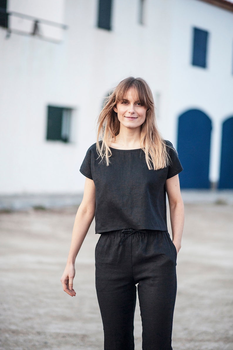 Linen top BERLIN crop, Linen crop top, Loose linen blouse custom color, Linen t shirt, Softened linen tee, Loose top, Linen crop shirt image 4