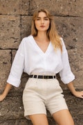 Linen blouse PANDORA, V Neck Linen top, Loose linen blouse custom color, Blouse with deep V neck in white linen, Softened linen tee product logo
