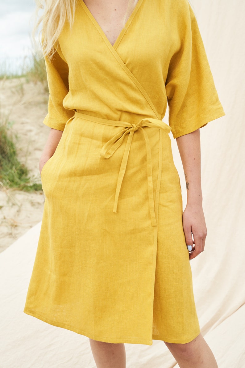 Linen wrap dress NOELLE, Linen dress in available in 27 colors, Linen kimono sleeve dress, Linen wrap dress, Short sleeve knee length dress image 5