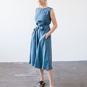 Linen A line dress CHLOE, Long linen dress, Black linen dress, Dress with belt Classic Blue