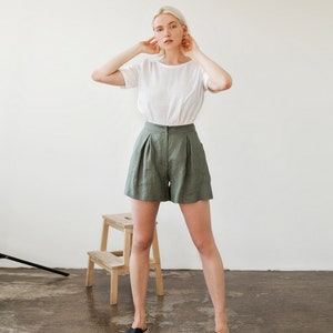 Linen shorts AGNES, Linen shorts for woman, Laundered linen shorts, Linen shorts skirt, Green moss linen shorts for woman, High waist shorts image 4