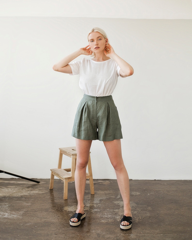 Linen shorts AGNES, Linen shorts for woman, Laundered linen shorts, Linen shorts skirt, Green moss linen shorts for woman, High waist shorts image 4