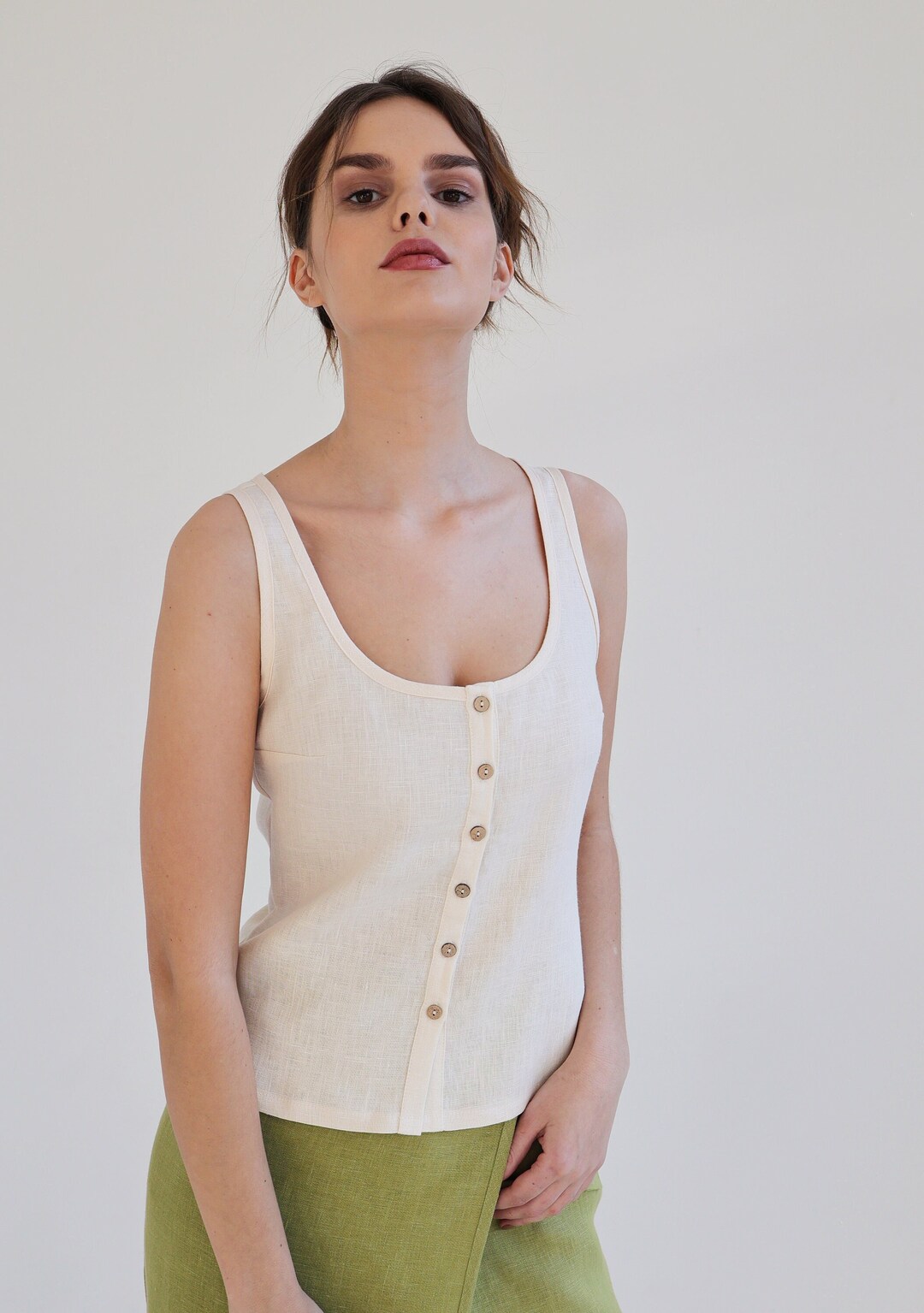 売れ筋商品|||タハリエーエスエル  カットソー トップス レディース Women's Linen-Blend Button-Front Tank Vest White Women's The A&F Mara Linen-Blend Button-Through Vest