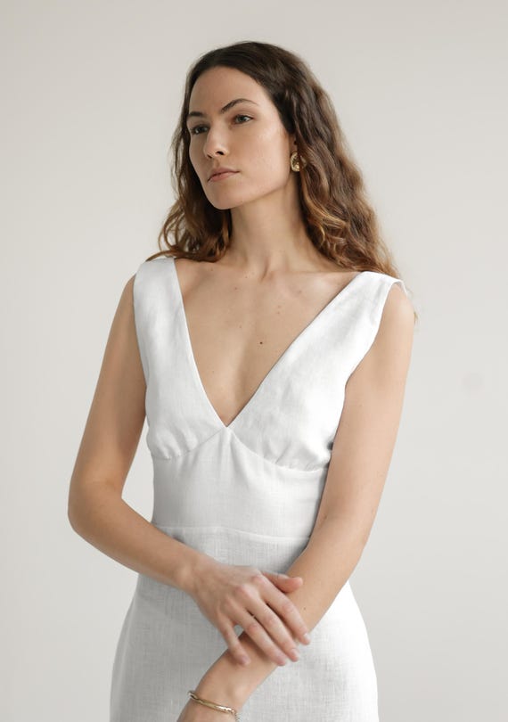 Linen Corset Maxi Dress: Deep V-Neck Slit Wedding Gown