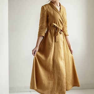 Linen dress MARLENA with shawl collar, Wrap maxi dress, Long linen dress for woman, Vintage inspired linen dress, Linen clothing for woman image 4