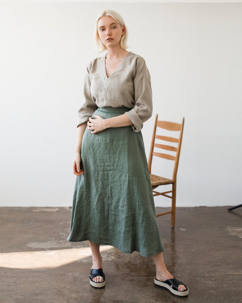 Ankle length linen skirt INDIA, Maxi linen skirt, White linen skirt, Linen skirt with pockets, Linen maxi skirt, Long linen skirt Moss Green