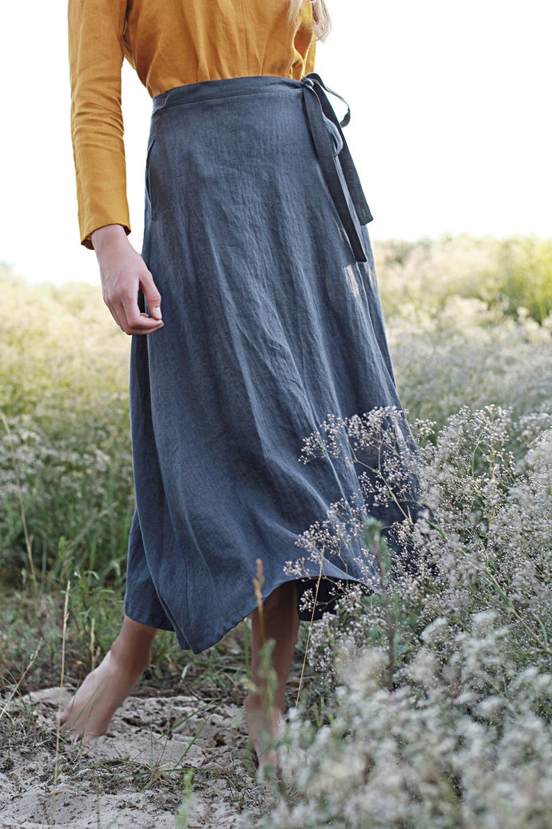 Linen wrap skirt FRIDA, Calf length linen skirt, A line wrap skirt, Charcoal linen skirt, Long linen skirt for woman image 5