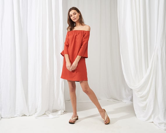 Off Shoulder Linen Dress Bianca, Linen Mini Dress, Beach Dress, Linen Summer Dress, Linen Dresses for Woman, Short Linen Dress