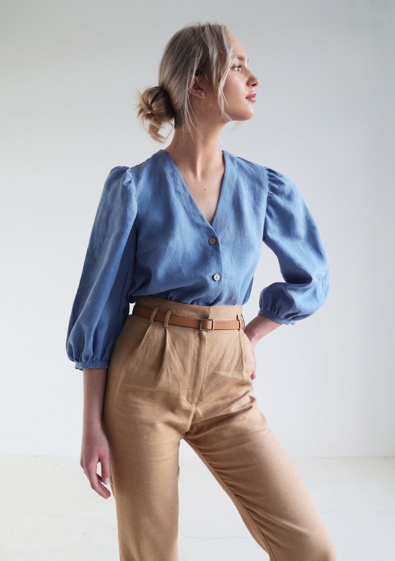 Button front V neck linen blouse ELOISE, Linen top with puff sleeves, Relaxed fitting linen top, Puff sleeve linen blouse image 1